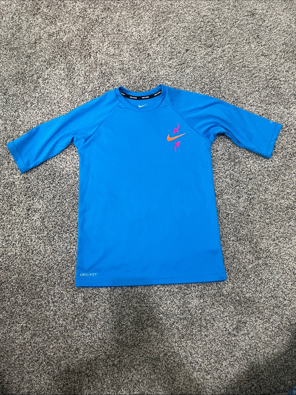 Nike Swim Blue Dri-FIT Tee with Orange & Pink Swoosh